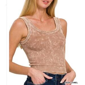 #1583 Zenana NWOT Deep Camel Stone Washed Ribbed Seamless Tank Top S/M & L/XL